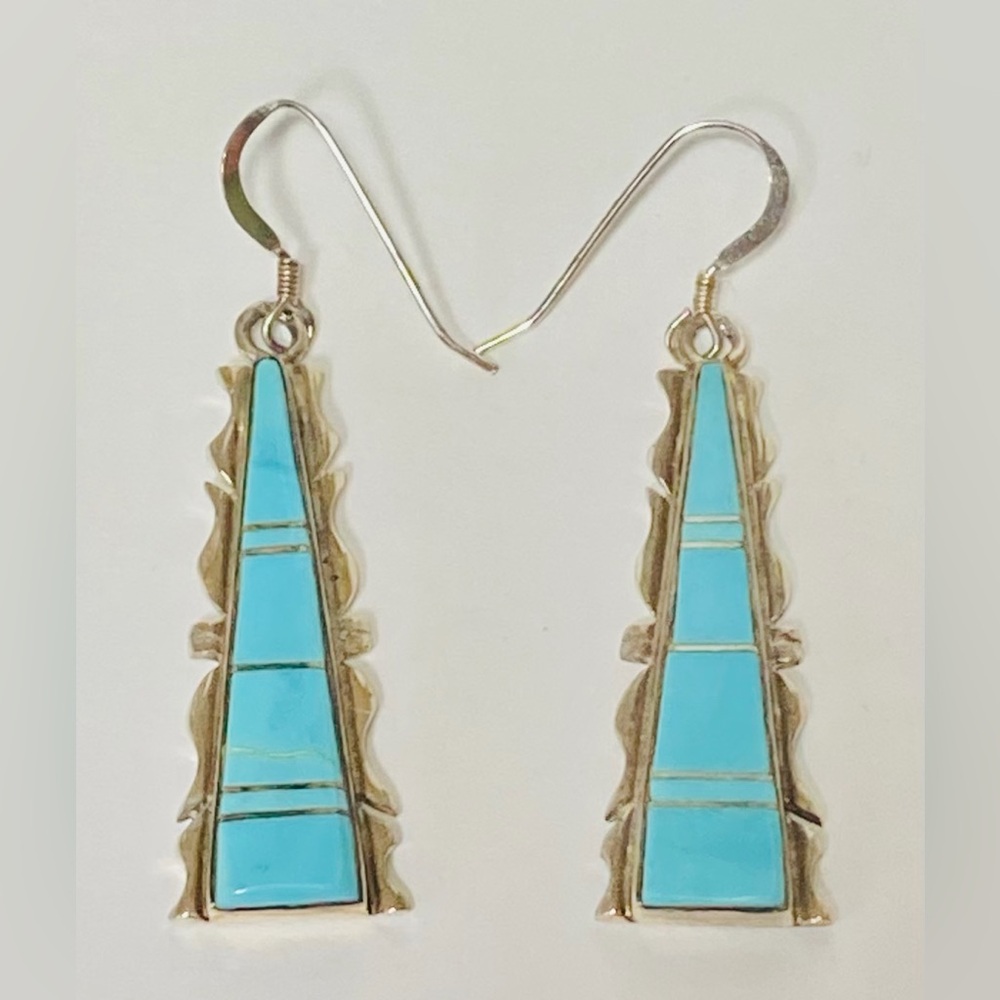Sterling & Turquoise Pendant Earrings w. Bird Mark, Circle on Back